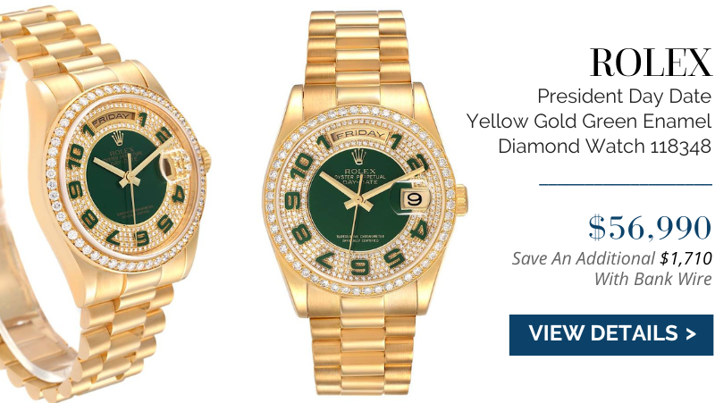 Rolex President Day Date Yellow Gold Green Enamel Diamond Mens Watch 118348