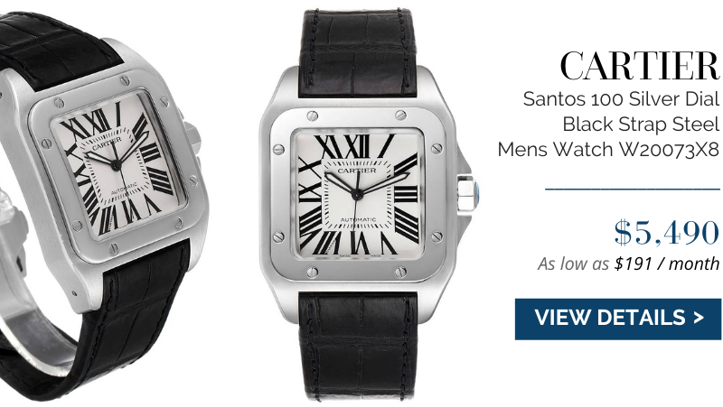 Cartier Santos 100 Silver Dial Black Strap Steel Mens Watch W20073X8