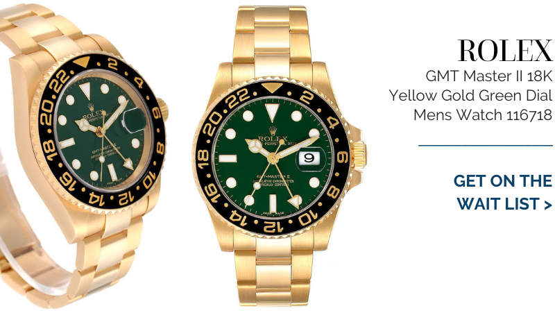 Rolex GMT Master II 18K Yellow Gold Green Dial Mens Watch 116718