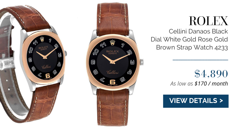Rolex Cellini Danaos Black Dial White Gold Rose Gold Brown Strap Mens Watch 4233