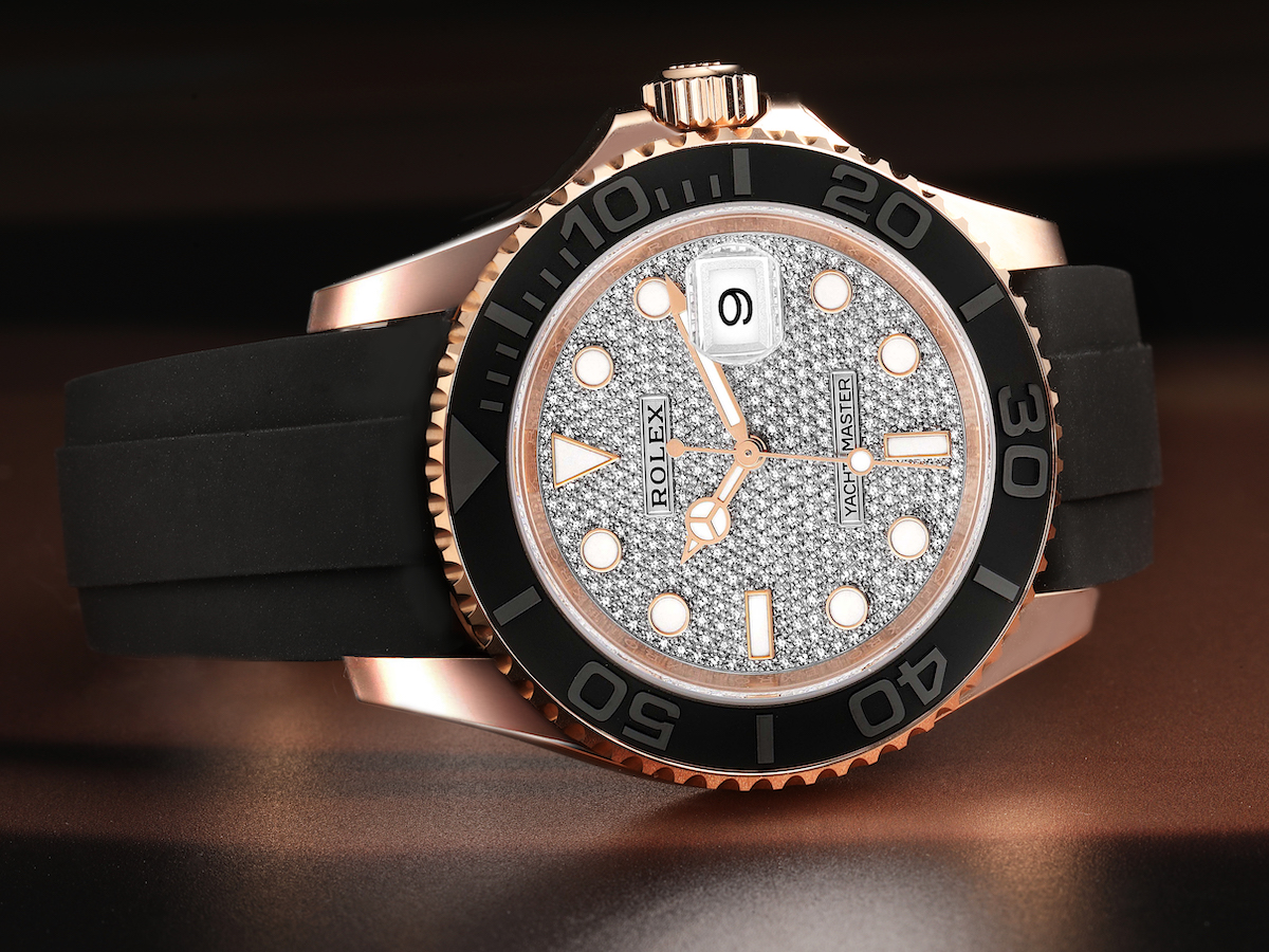 Rolex Yachtmaster 40mm Rose Gold Diamond Pave Dial Oysterflex Watch 116655