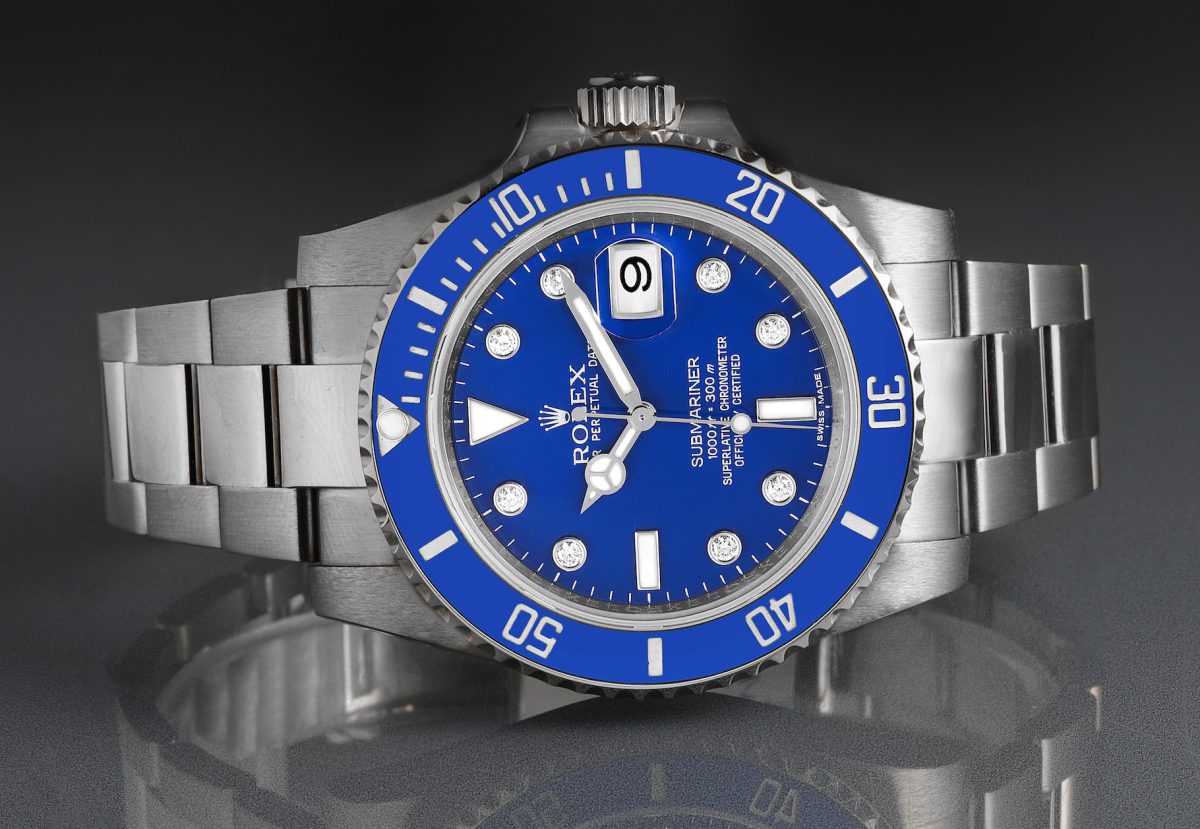 Rolex Submariner White Gold Smurf Blue Dial Diamond Mens Watch 116619