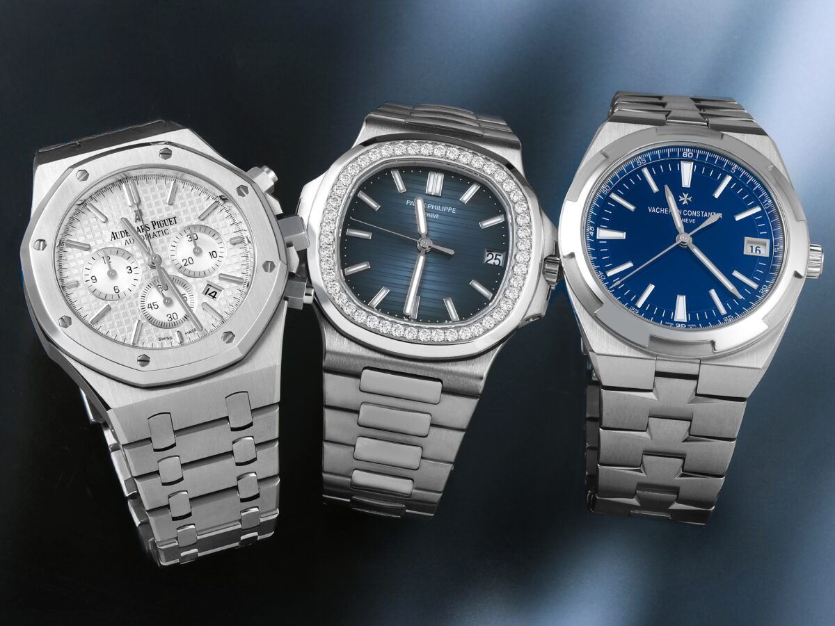 The Holy Trinity of Watches featuring an Audemars Piguet Royal Oak Chronograph, Patek Philippe Nautilus with diamond bezel, and Vacheron Constantin Overseas.