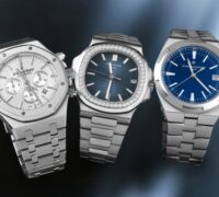 The Holy Trinity of Watches featuring an Audemars Piguet Royal Oak Chronograph, Patek Philippe Nautilus with diamond bezel, and Vacheron Constantin Overseas.