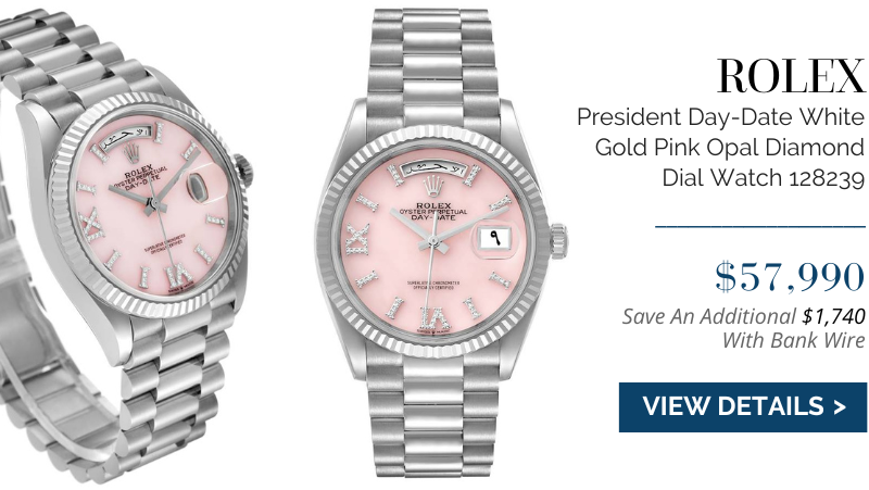 Rolex President Day-Date White Gold Pink Opal Diamond Dial Watch 128239