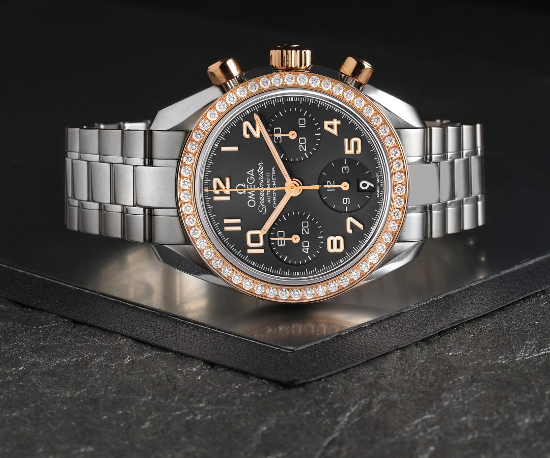 Omega Speedmaster 38mm Steel Rose Gold Diamond Mens Watch 324.28.38.40.06.001