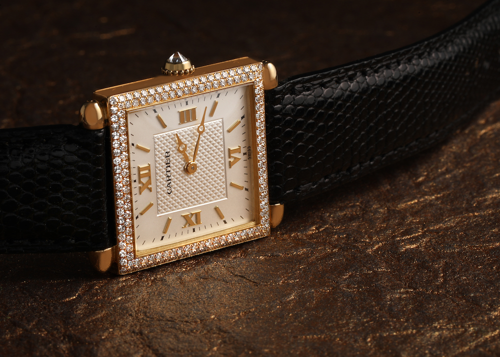 Cartier Tank Obus 18k Yellow Gold Diamond Silver Dial Ladies Watch WB800351