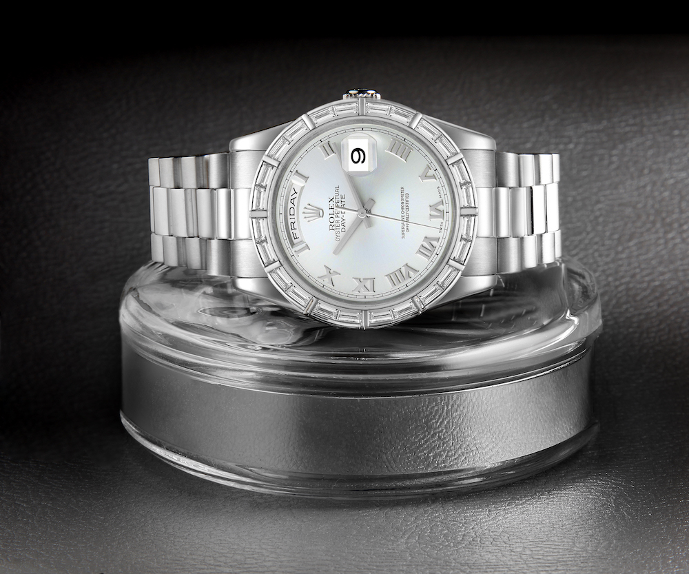 Rolex President Day-Date Platinum Ice Blue Dial Diamond Bezel Watch 118366