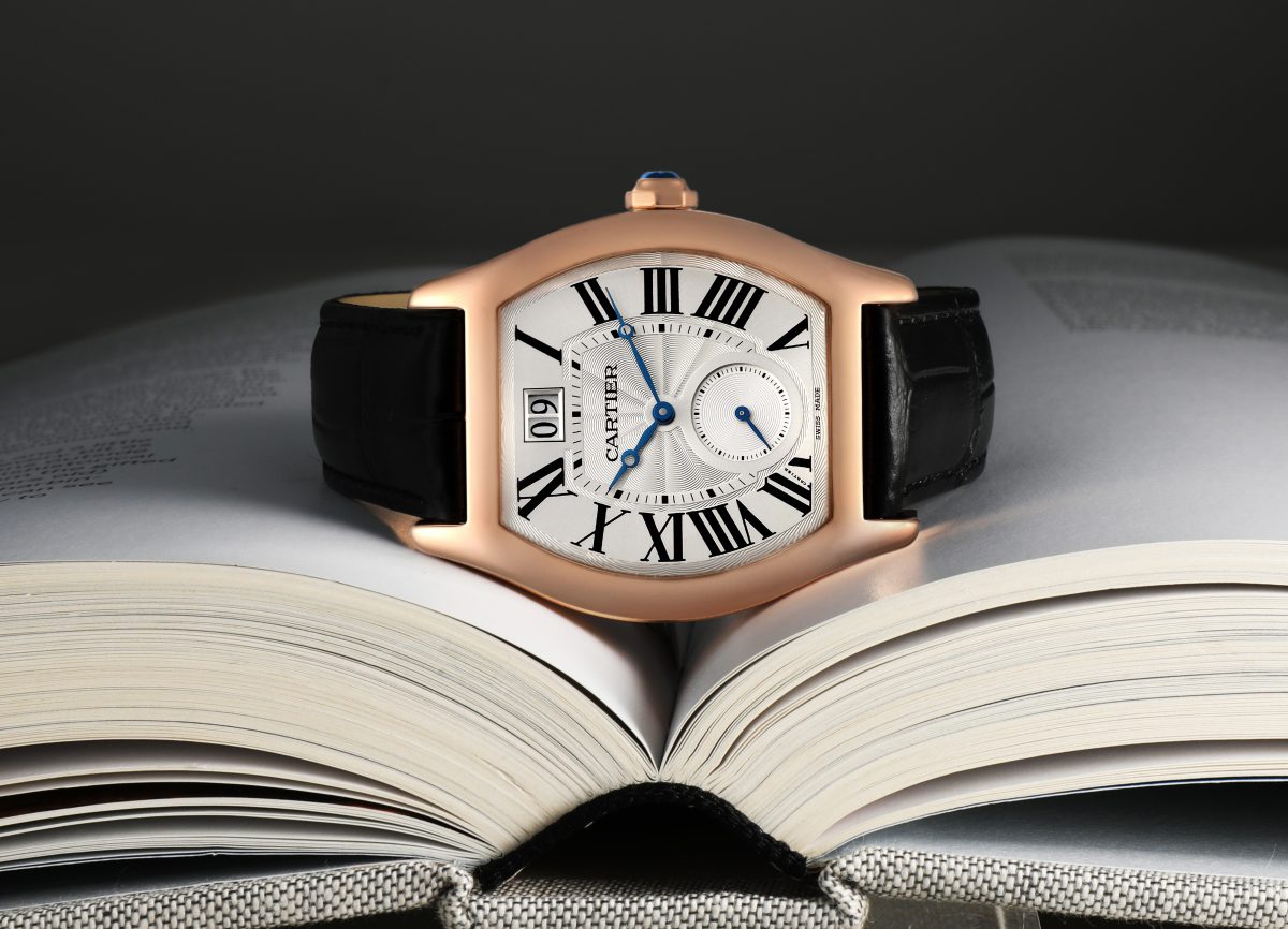 Cartier Tortue XL Silver Flinque Dial 18K Rose Gold Mens Watch W1556234