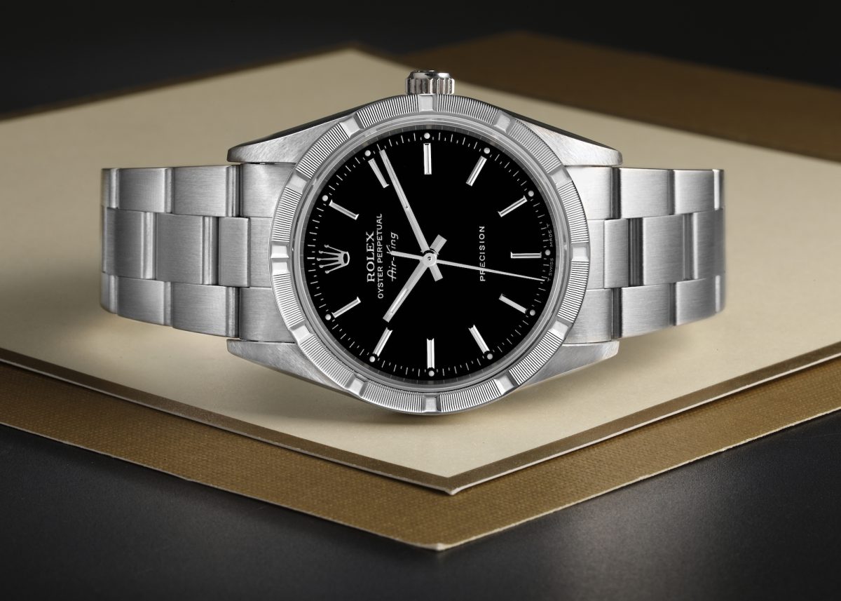 Rolex Air King 34 Black Dial Steel Engine Turned Bezel Mens Watch 14010