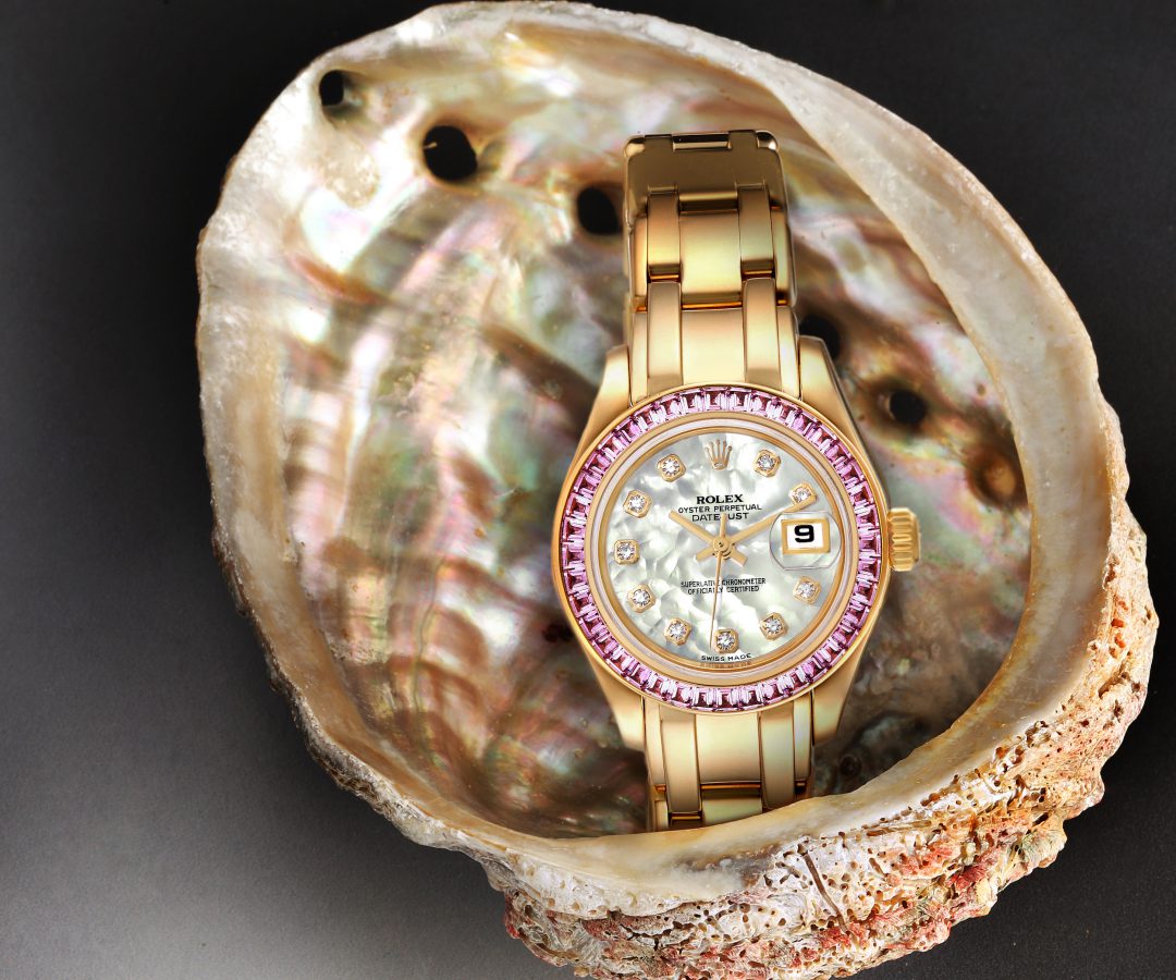 Rolex Pearlmaster Yellow Gold Mother of Pearl Diamond Pink Sapphire Ladies Watch 80308