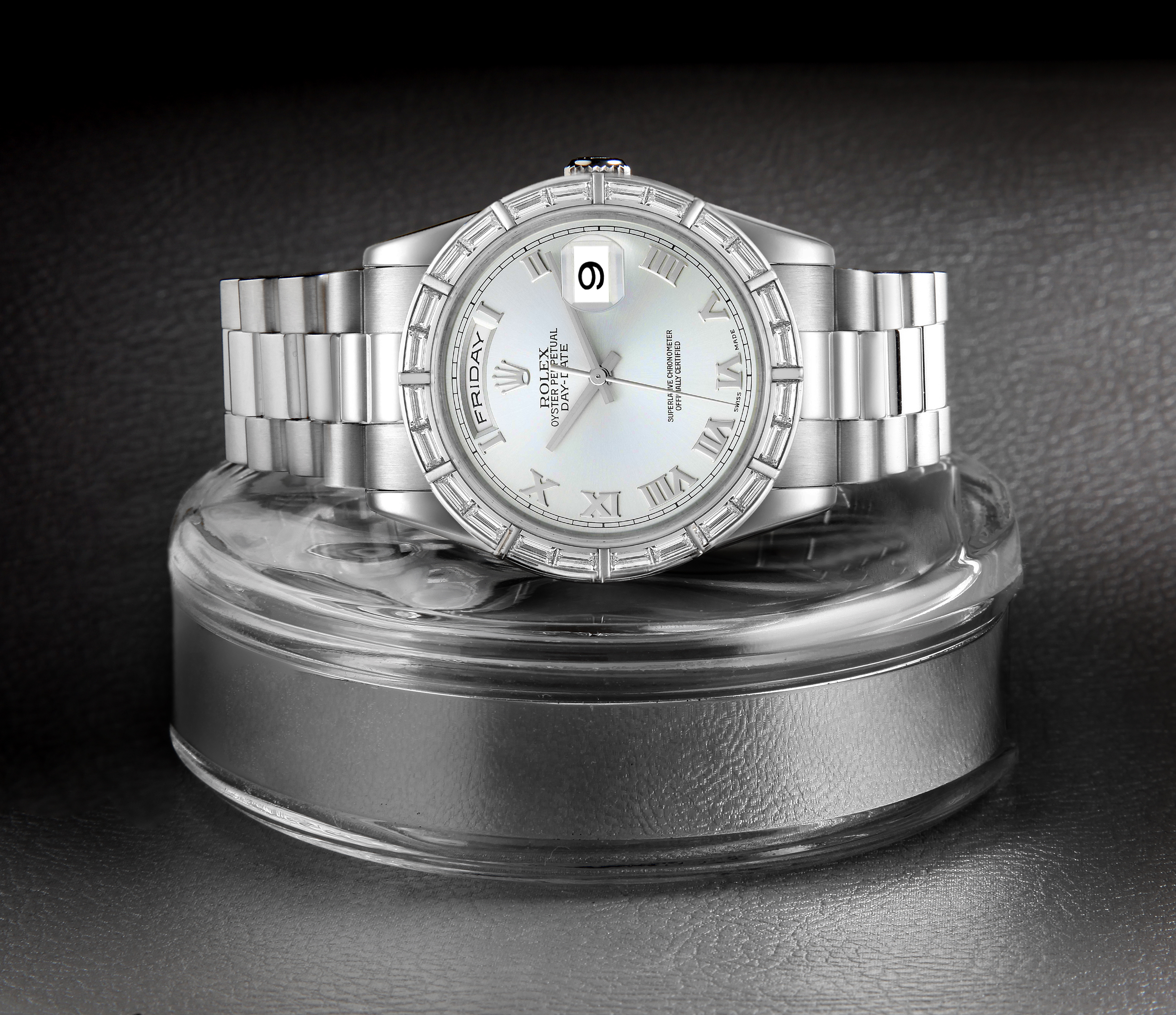 Rolex President Day-Date Platinum Ice Blue Dial Diamond Bezel Watch 118366