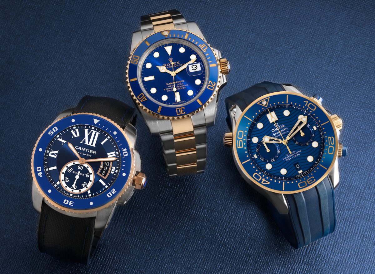 Steel Yellow Gold Blue Divers Cartier Calibre Diver Rolex Submariner Ceramic and Omega Seamaster 300M