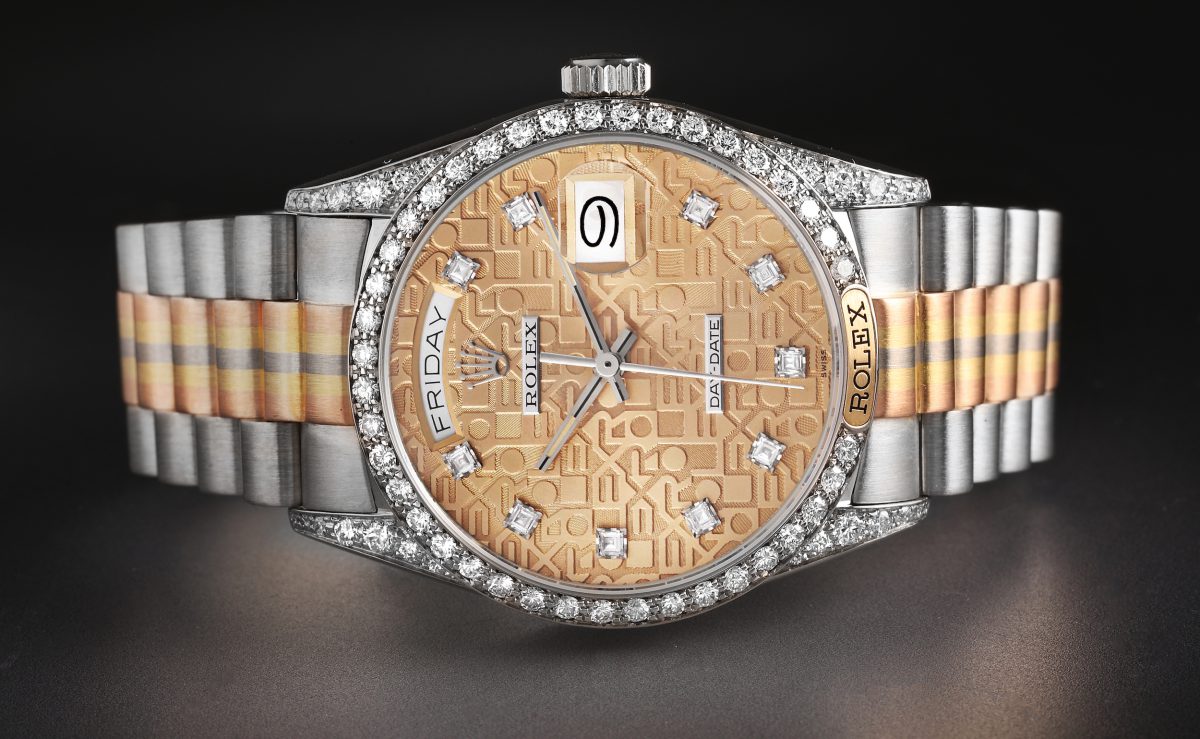 Rolex Day-Date President Tridor White Rose Yellow Gold Diamond Mens Watch 18139