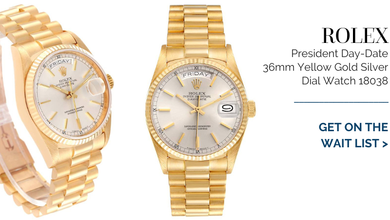 Rolex President Day-Date 36mm Yellow Gold Silver Dial Watch 18038