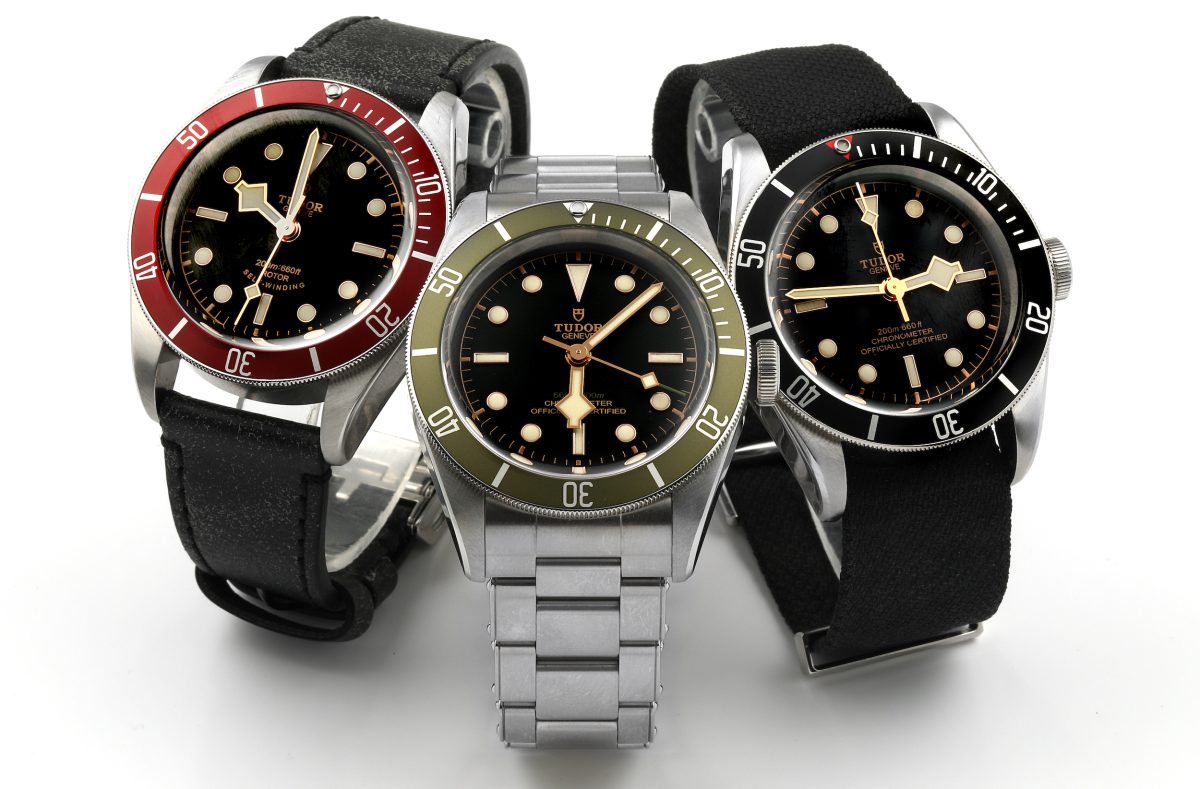 Tudor Black Bay Burgundy, Harrods Green, and Black