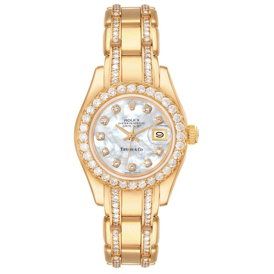 Rolex Pearlmaster Yellow Gold Tiffany Mother Of Pearl Diamond Ladies Watch 69298