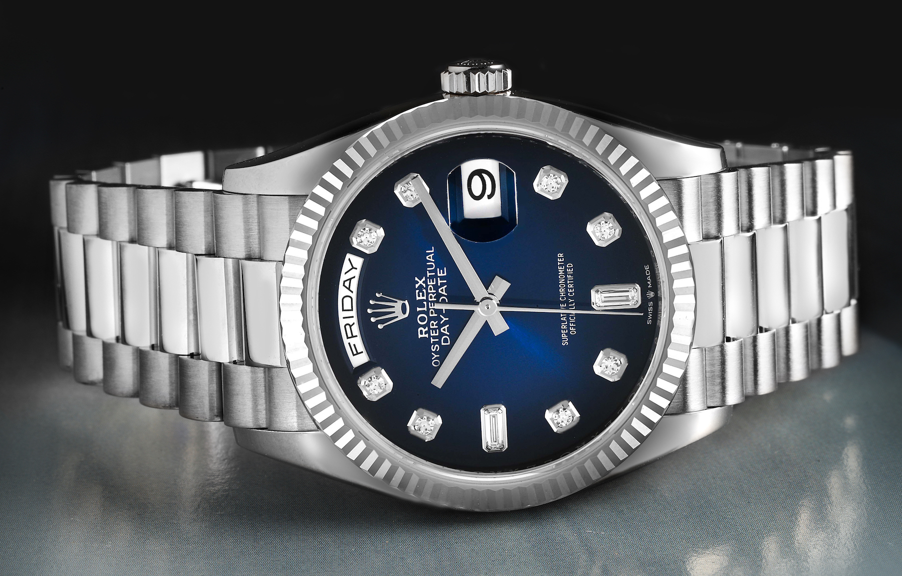 Rolex President Day-Date White Gold Blue Vignette Diamond Dial 128239
