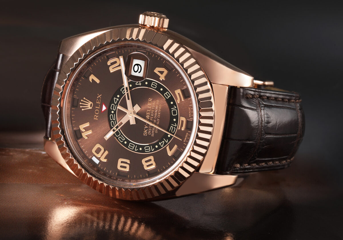 Rolex Sky-Dweller Chocolate Brown Rose Gold Mens Watch 326135