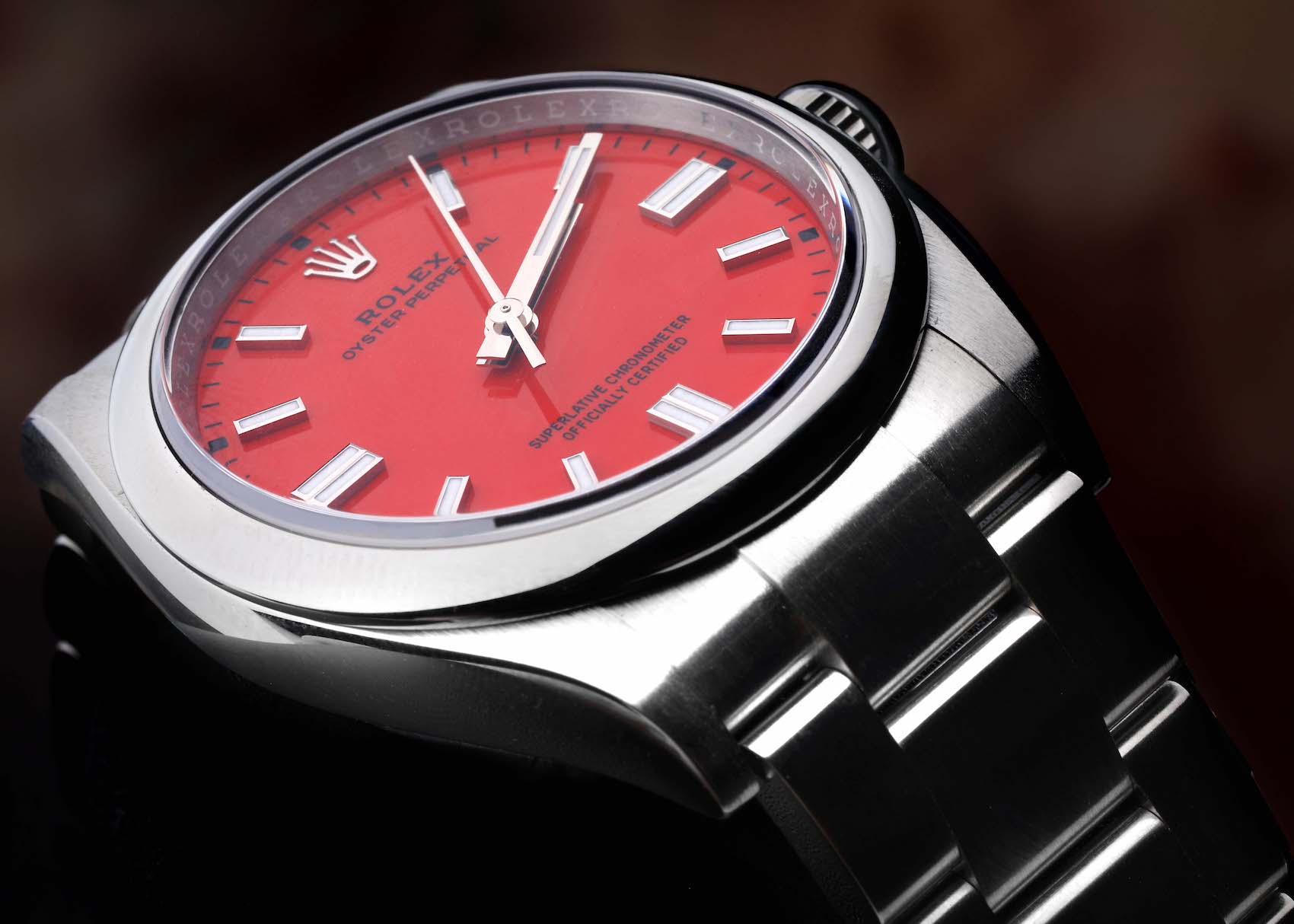 Rolex Oyster Perpetual Coral Red Dial Steel Mens Watch 126000