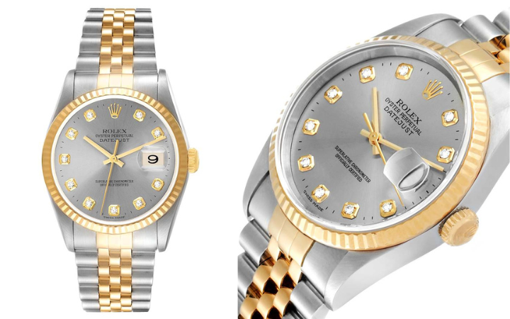 Rolex Datejust Steel Yellow Gold Slate Diamond Dial Mens Watch 16233