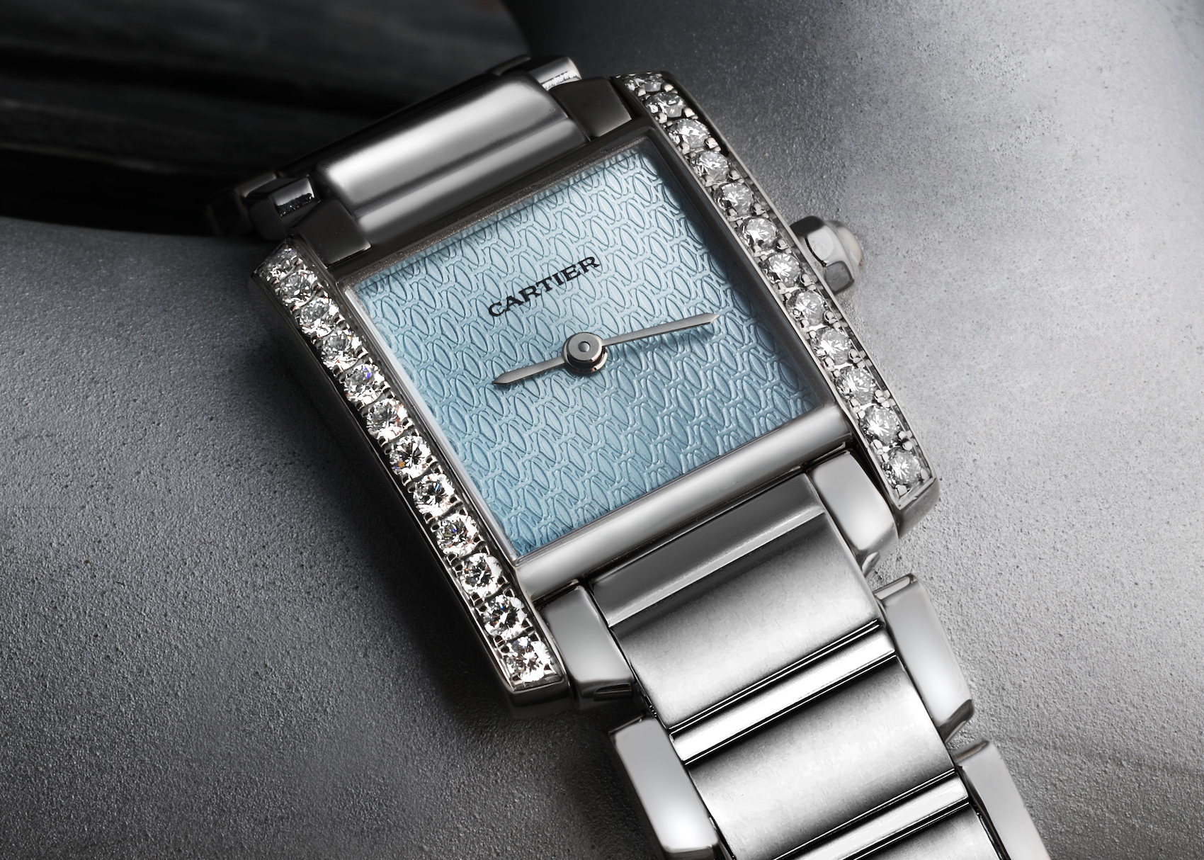 Cartier Tank Francaise White Gold Blue Dial Diamond Ladies Watch 2403