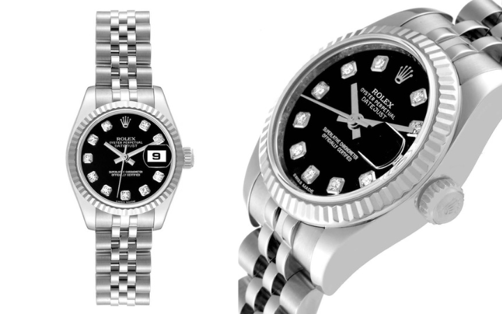 Rolex Datejust Steel White Gold Black Diamond Dial Ladies Watch 179174