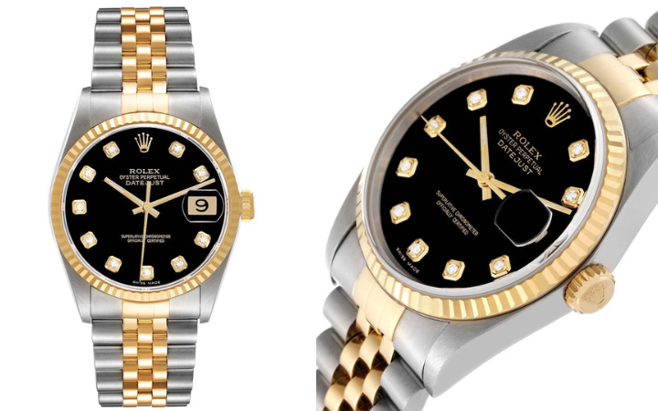 Rolex Datejust Steel Yellow Gold Black Diamond Dial Mens Watch 16233