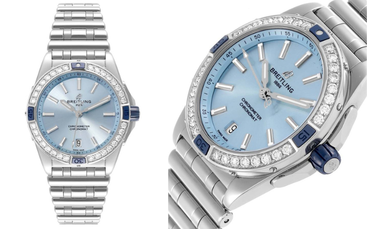 Breitling Super Chronomat Blue Dial Steel Diamond Ladies Watch A17356