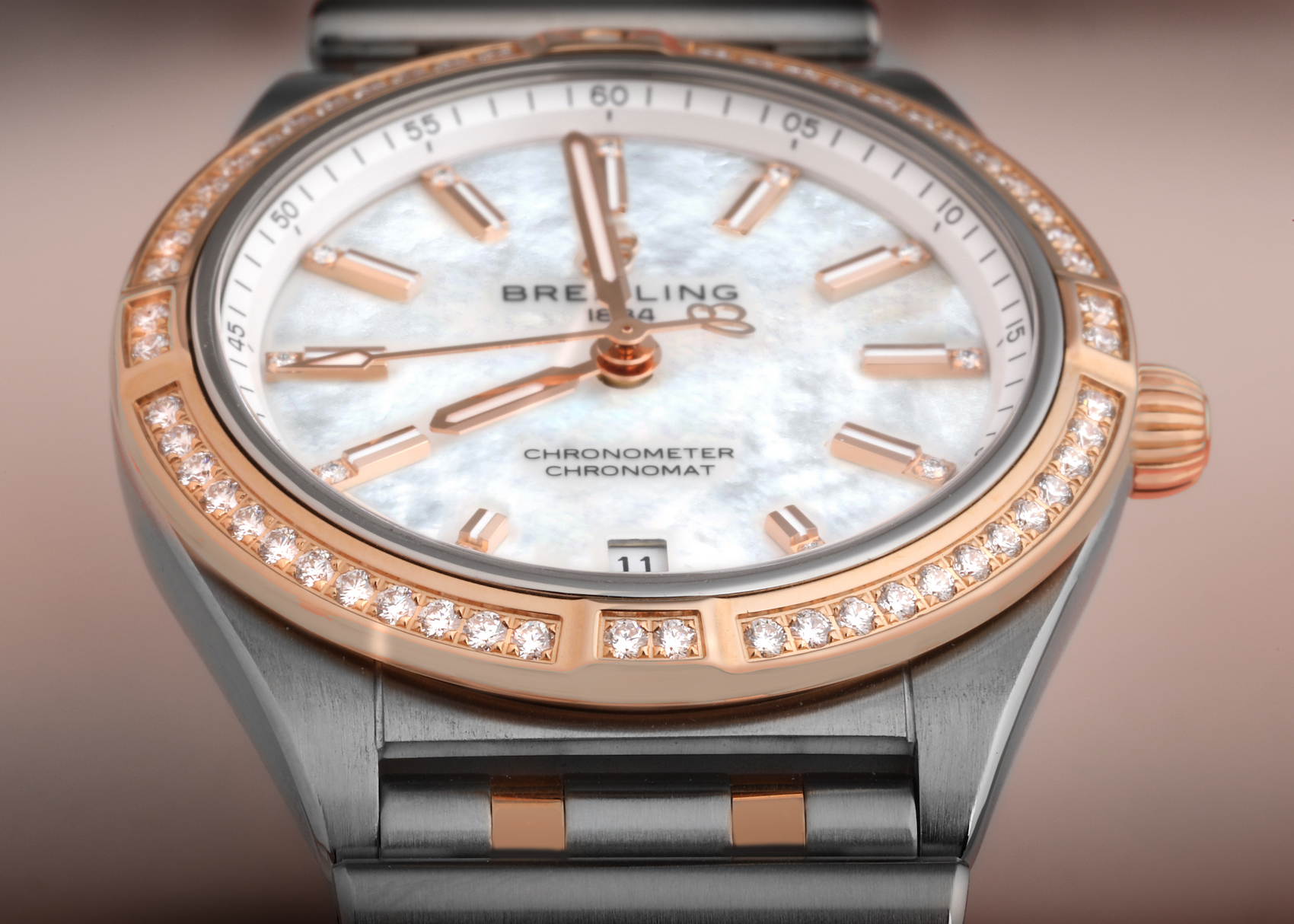 Breitling Chronomat 36 Mother Of Pearl Diamond Dial Steel Rose Gold Ladies Watch U10380