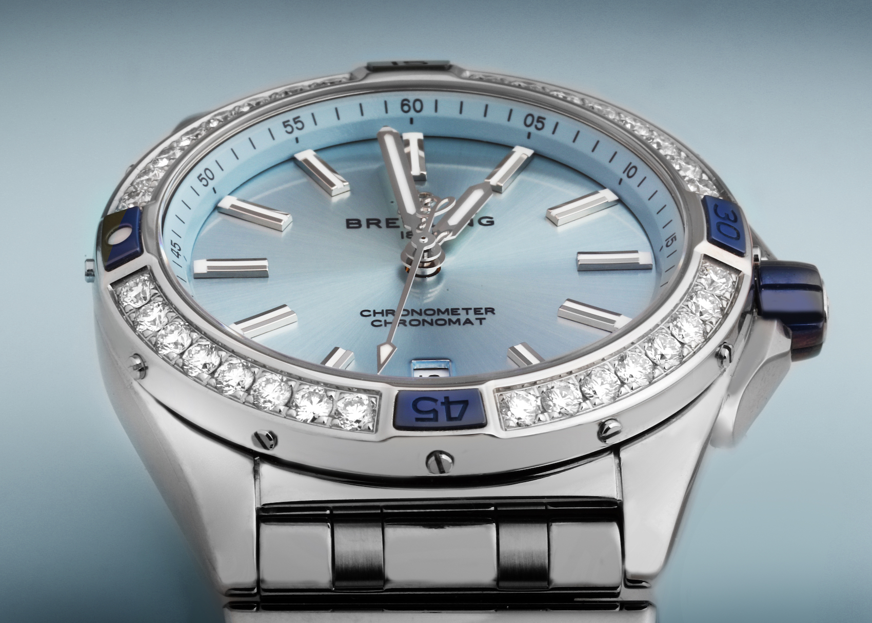 Breitling Super Chronomat Blue Dial Steel Diamond Ladies Watch A17356