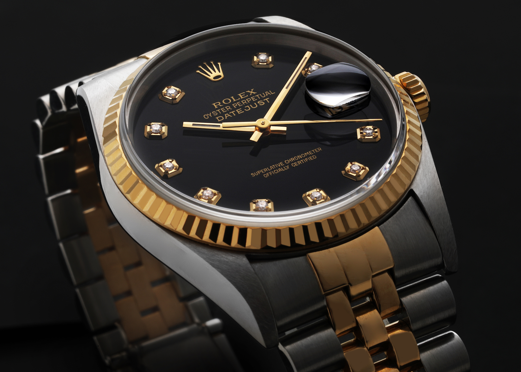 Rolex Datejust Steel Yellow Gold Black Diamond Dial Mens Watch 16233