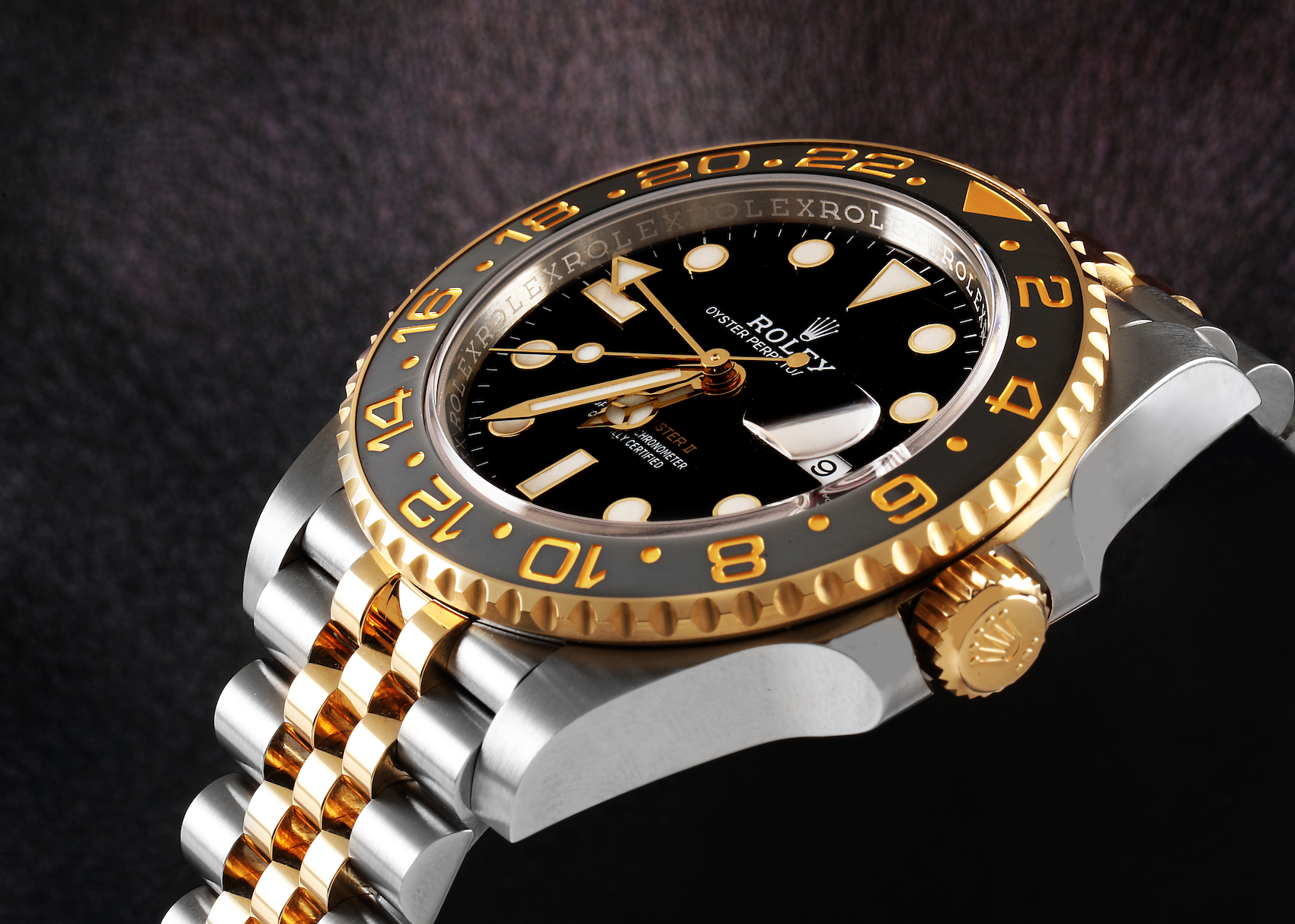 Rolex GMT Master II Yellow Gold Steel Grey Bezel Mens Watch 126713