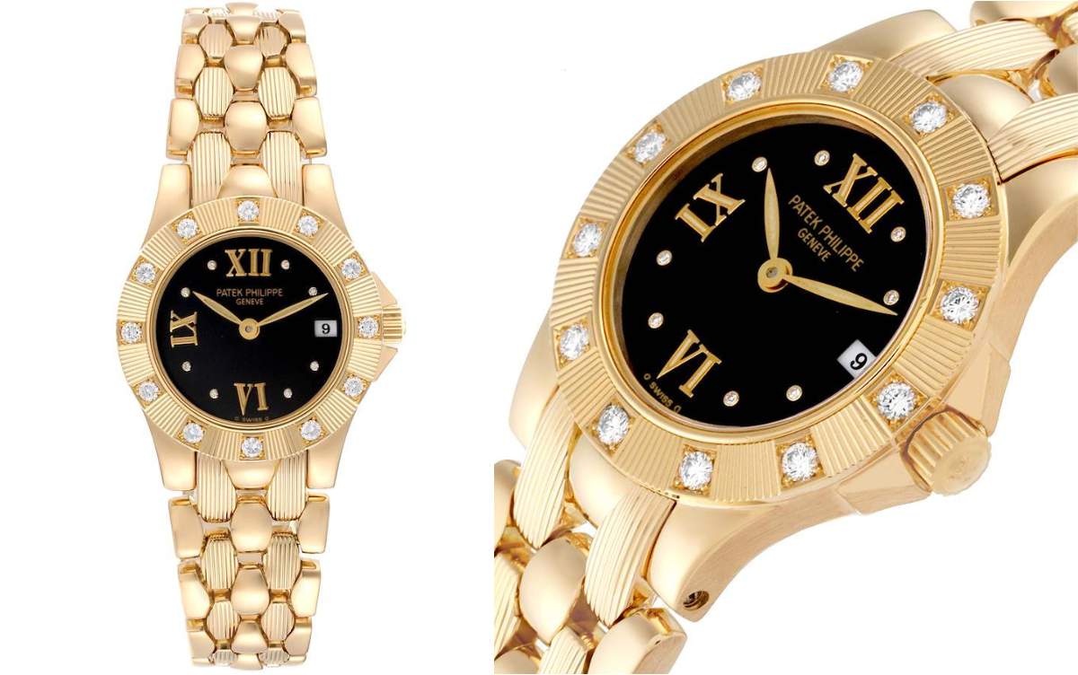 Patek Philippe Neptune Yellow Gold Black Dial Diamond Ladies Watch 4881