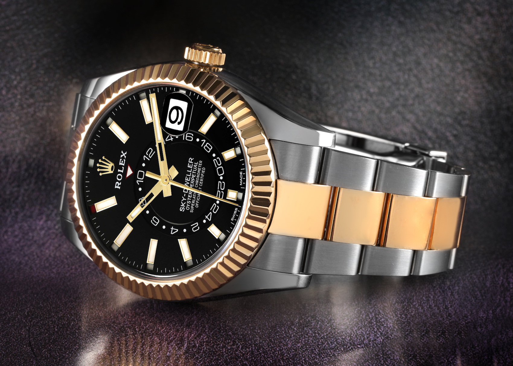 Rolex Sky Dweller Yellow Gold Steel Black Dial Mens Watch 326933