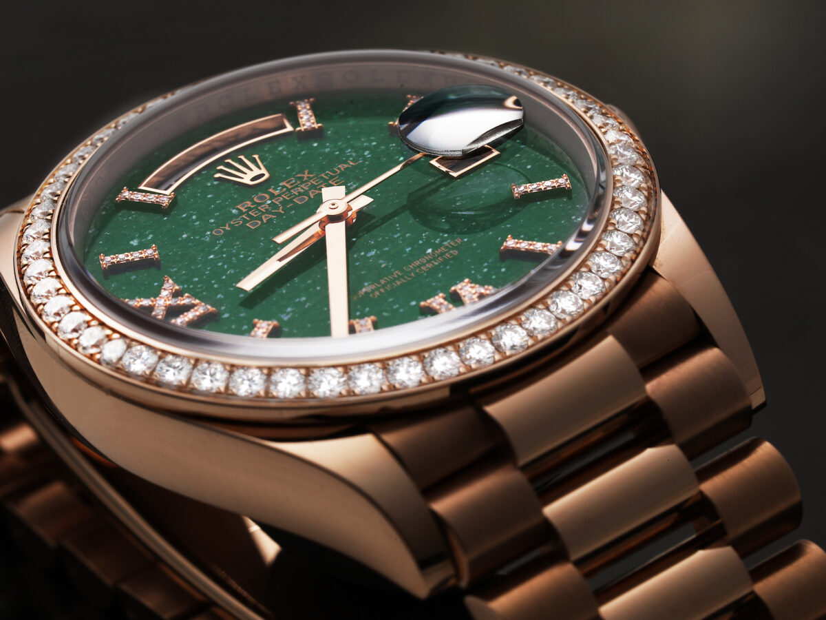 Rolex President Day Date Rose Gold Green Aventurine Diamond Watch 128345
