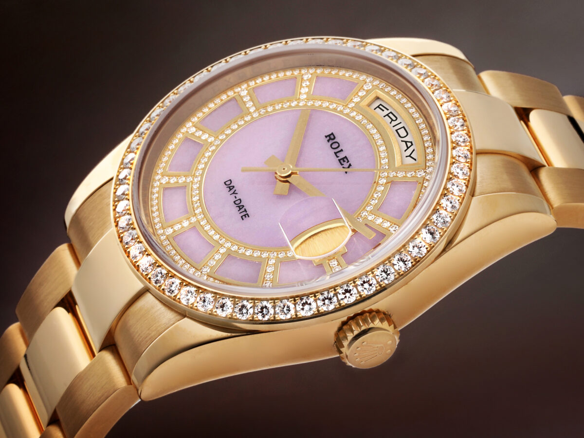 Rolex President Day-Date Lilac Jade Dial - Rolex President Day-Date Yellow Gold Carousel Lilac Jade Diamond Mens Watch 118348