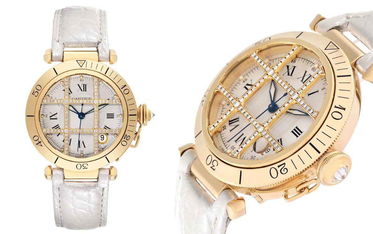 Cartier Pasha Grid 38 Yellow Gold Diamond Silver Dial Mens Watch 1023