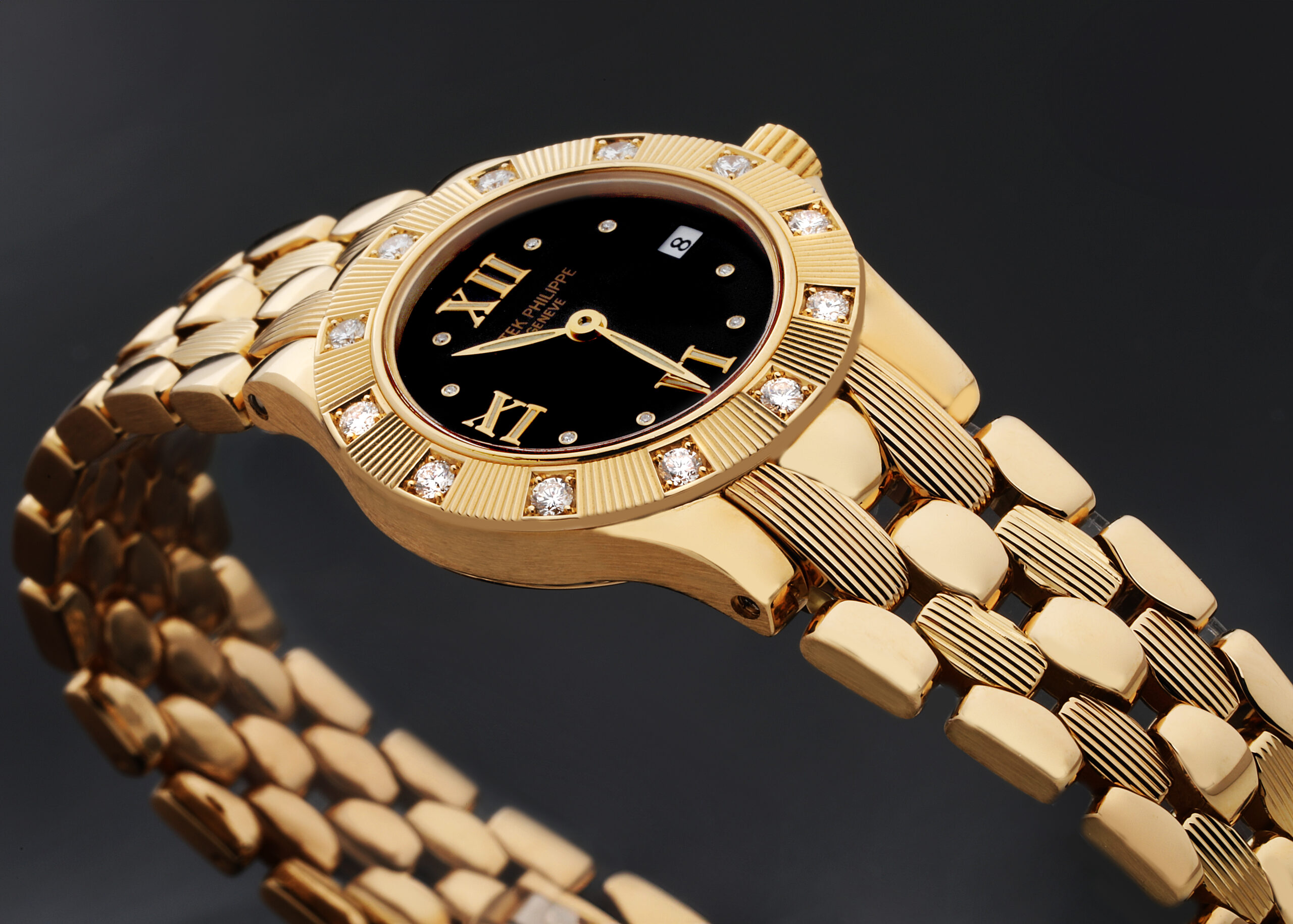 Patek Philippe Neptune Yellow Gold Black Dial Diamond Ladies Watch 4881