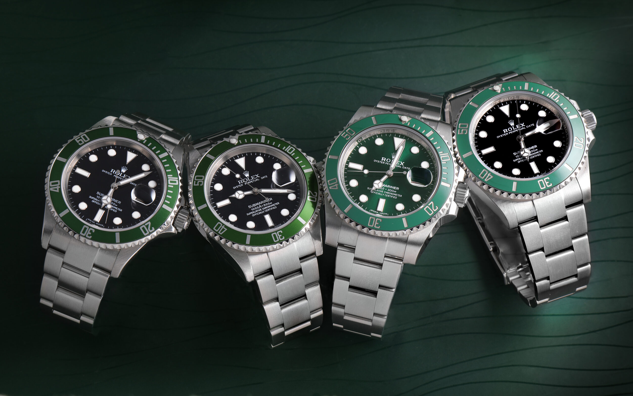 The Rolex Submariner Hulk (third from left) alongside the Rolex Kermit and Rolex Starbucks