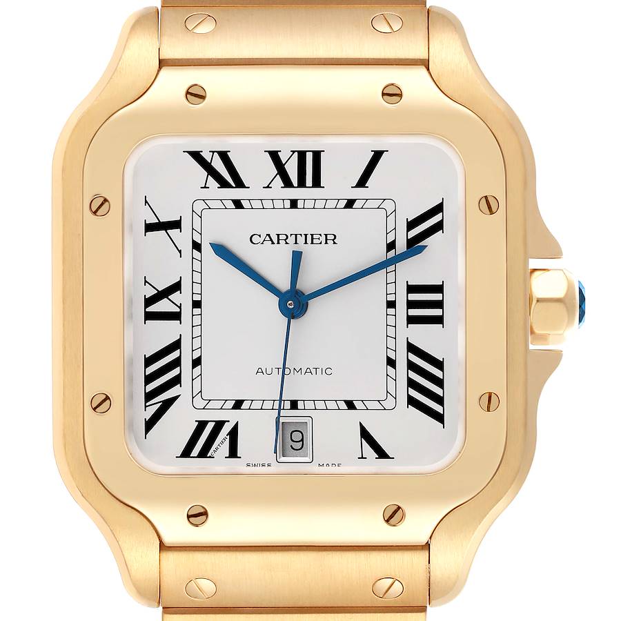 Cartier Santos Silver Dial Large 18k Yellow Gold Mens Watch WGSA0029