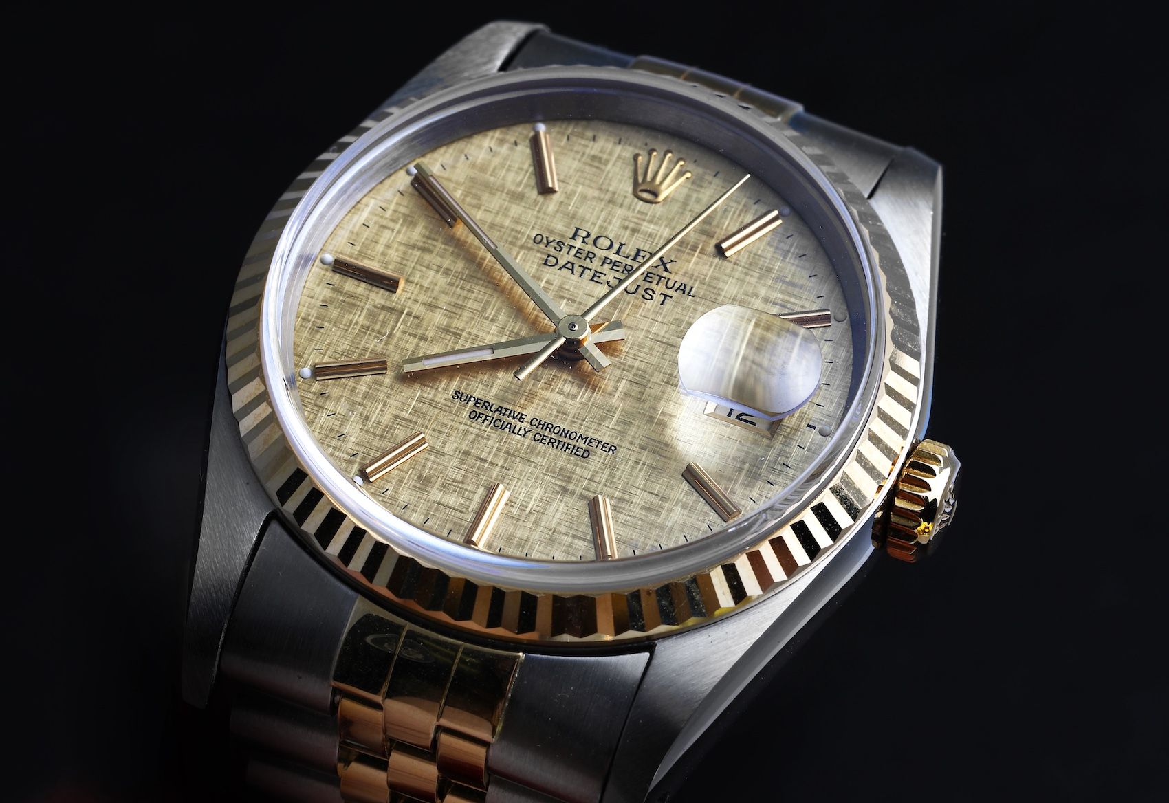 Rolex Datejust Steel Yellow Gold Champagne Linen Dial Mens Watch 16233