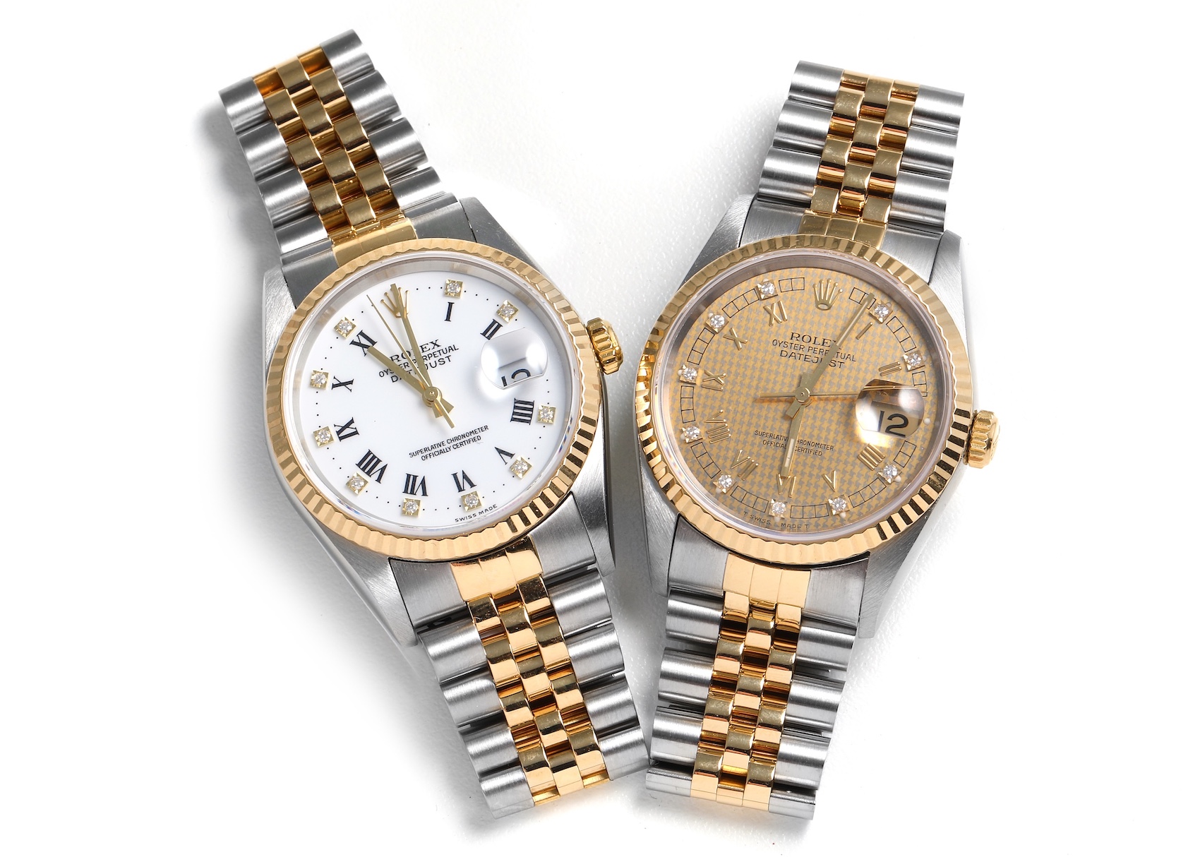 Rolex Datejust Steel Yellow Gold White Diamond Dial and Datejust Steel Yellow Gold HoundsTooth Diamond ref 16233