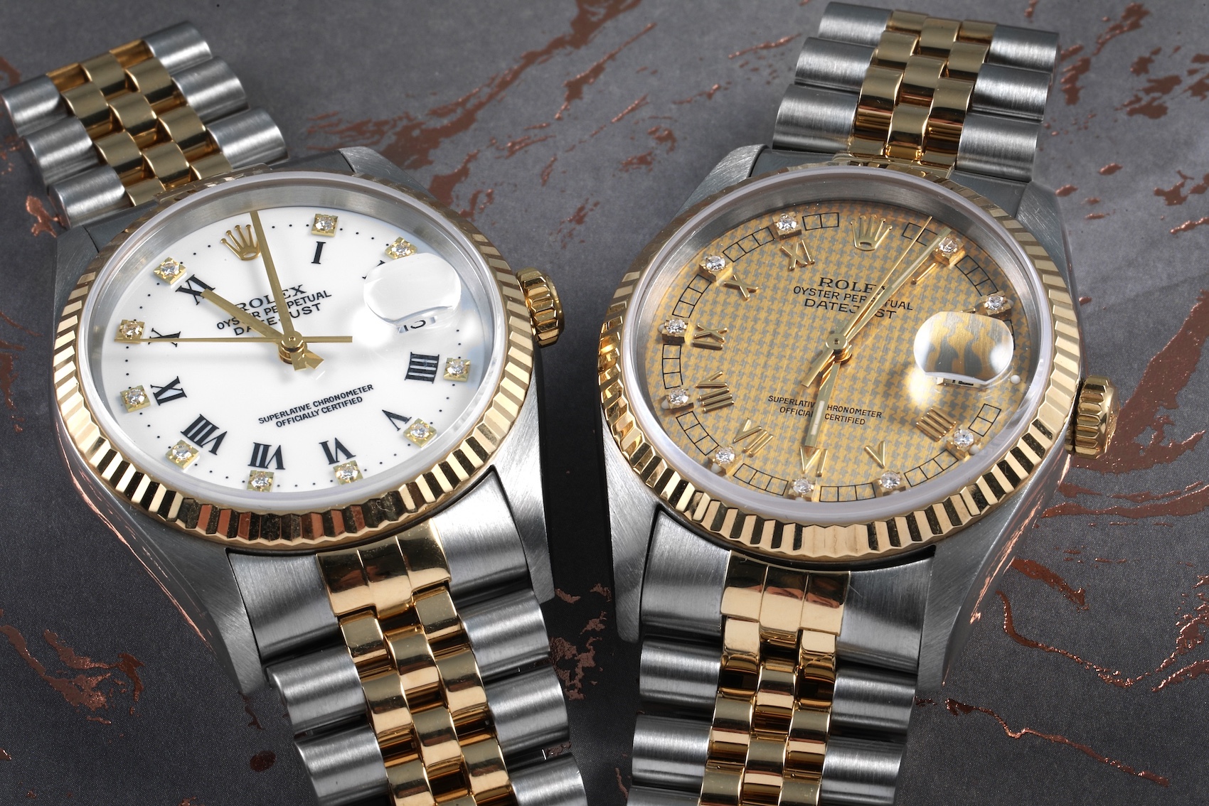 Rolex Datejust Steel Yellow Gold White Diamond Dial and Datejust Steel Yellow Gold HoundsTooth Diamond ref 16233