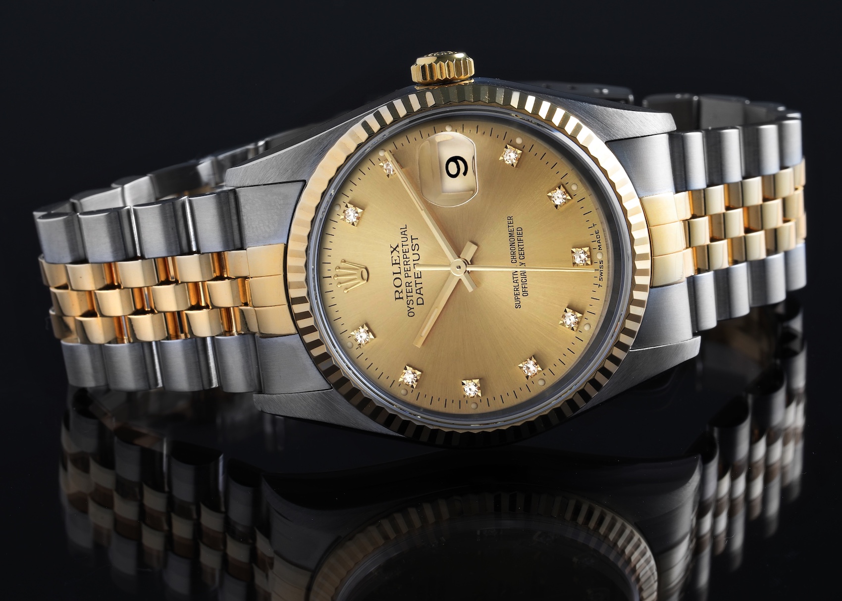 Rolex Datejust Diamond Dial Steel Yellow Gold Mens Watch 16233