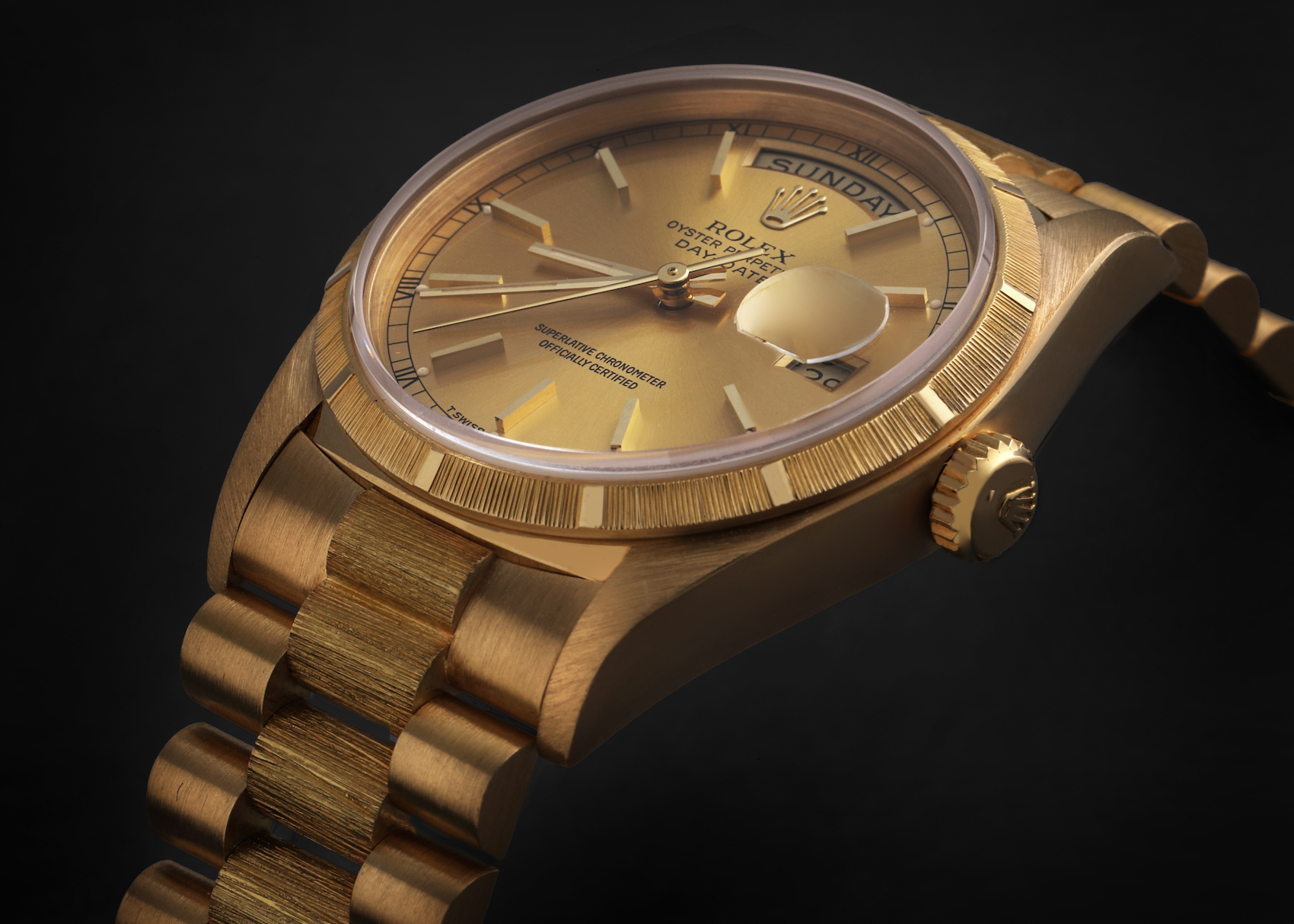 Rolex President Day-Date Yellow Gold Bark Finish Mens Watch 18078