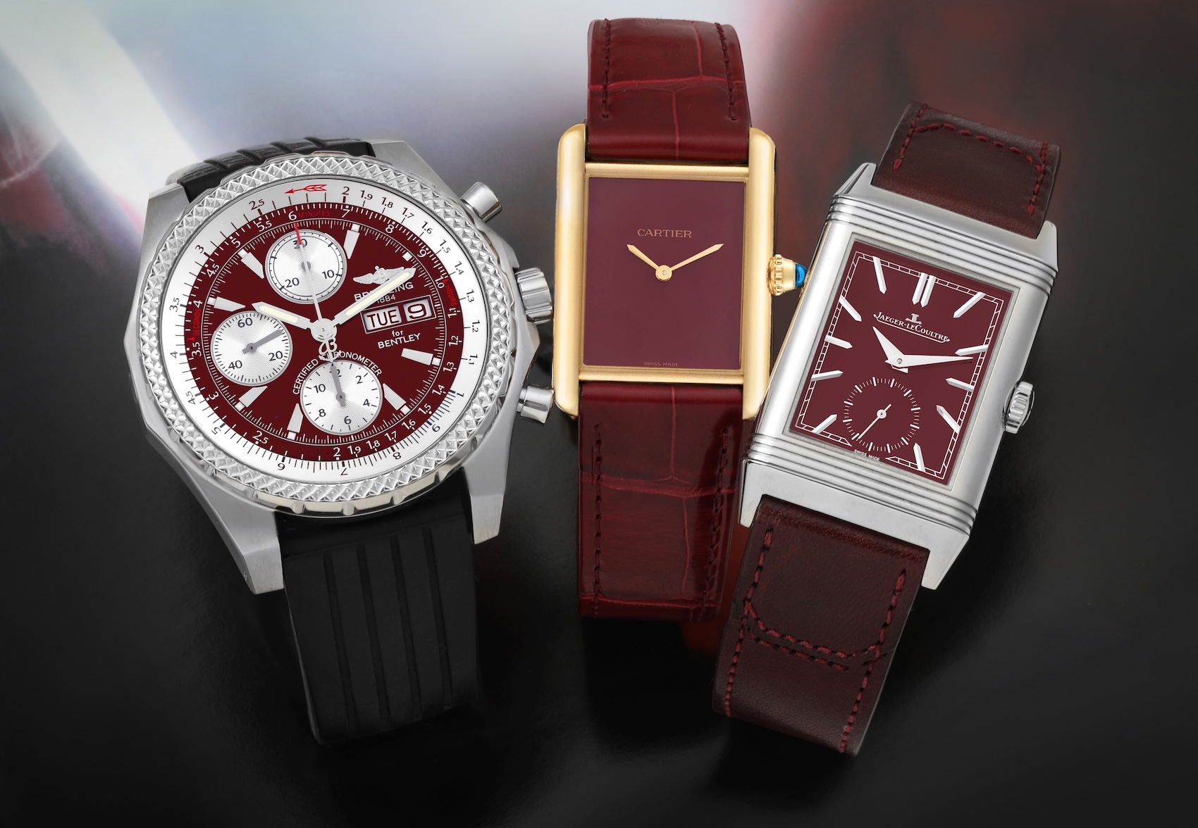 Red Dial and Leather Strap Watches - Breitling Bentley, Cartier Tank Louis and Jaeger LeCoulre Reverso Tribute