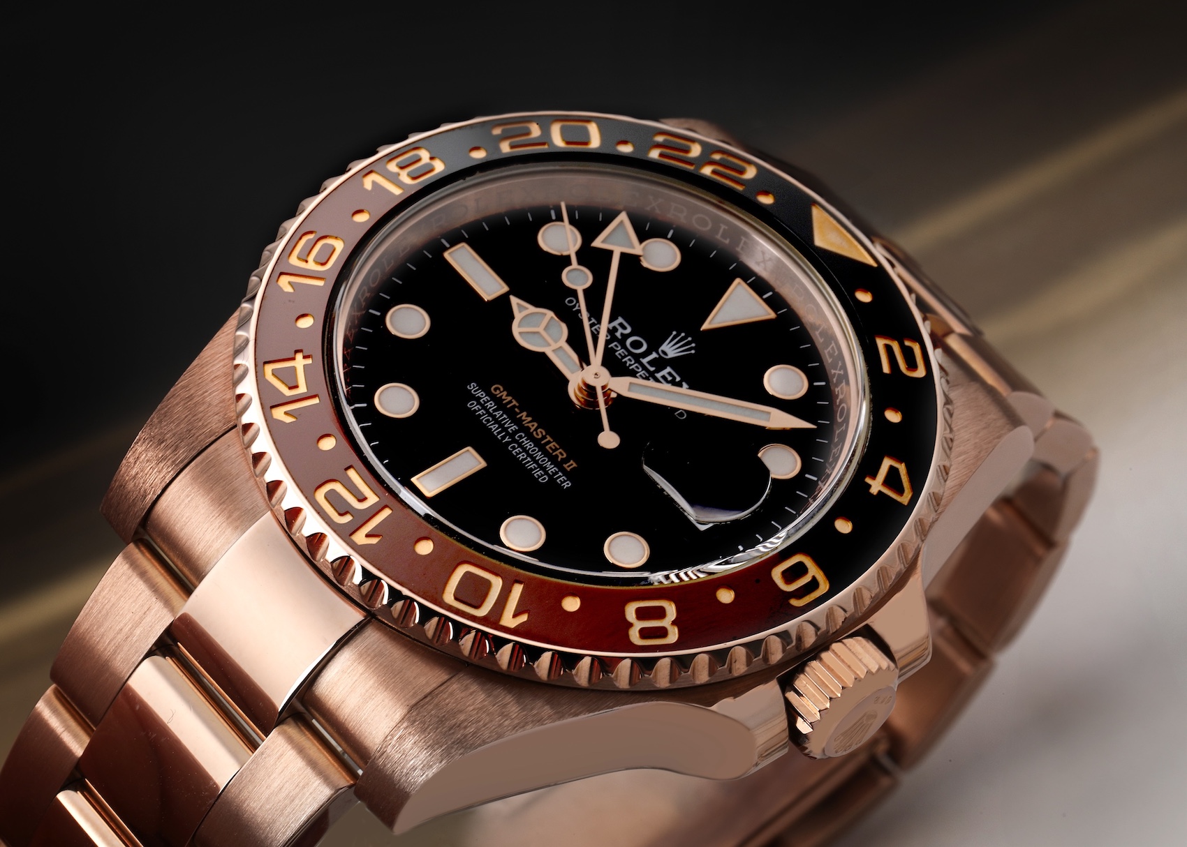 Rolex GMT Master II Black Brown Root Beer Rose Gold Mens Watch 126715