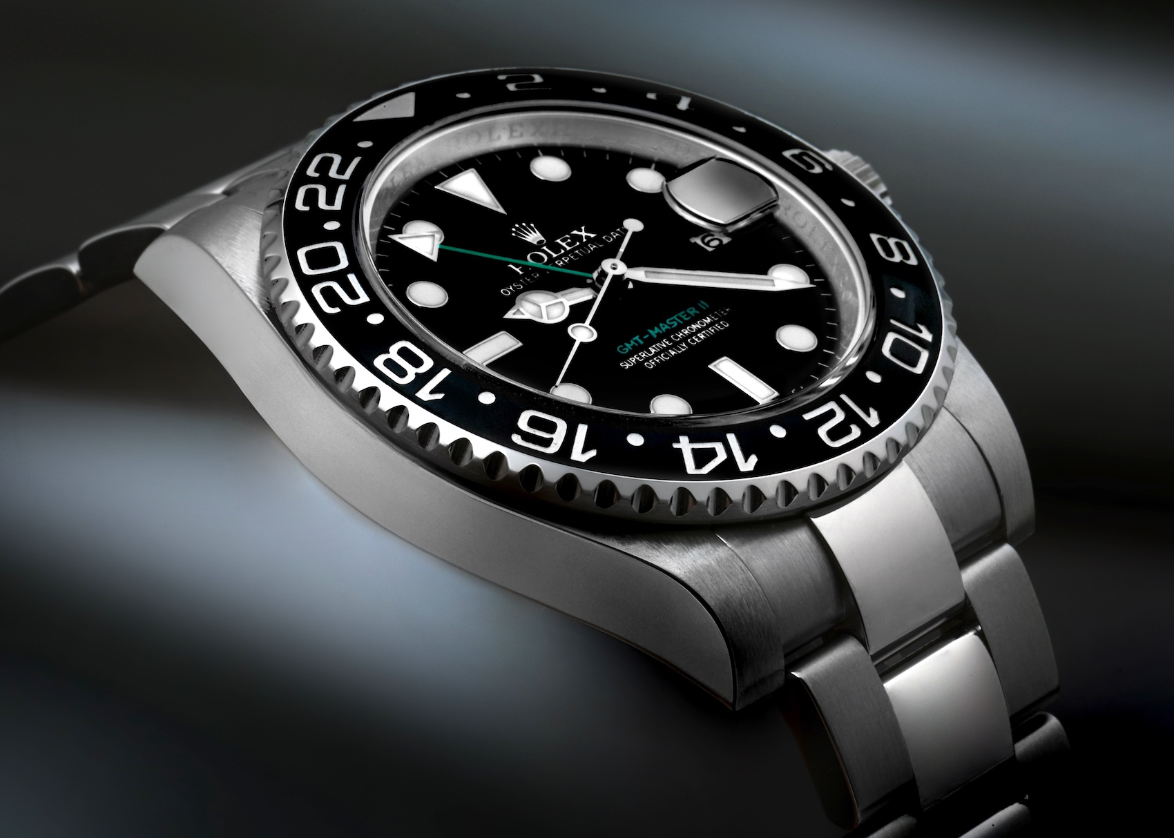 Rolex GMT Master II Green Hand Black Dial Steel Mens Watch 116710