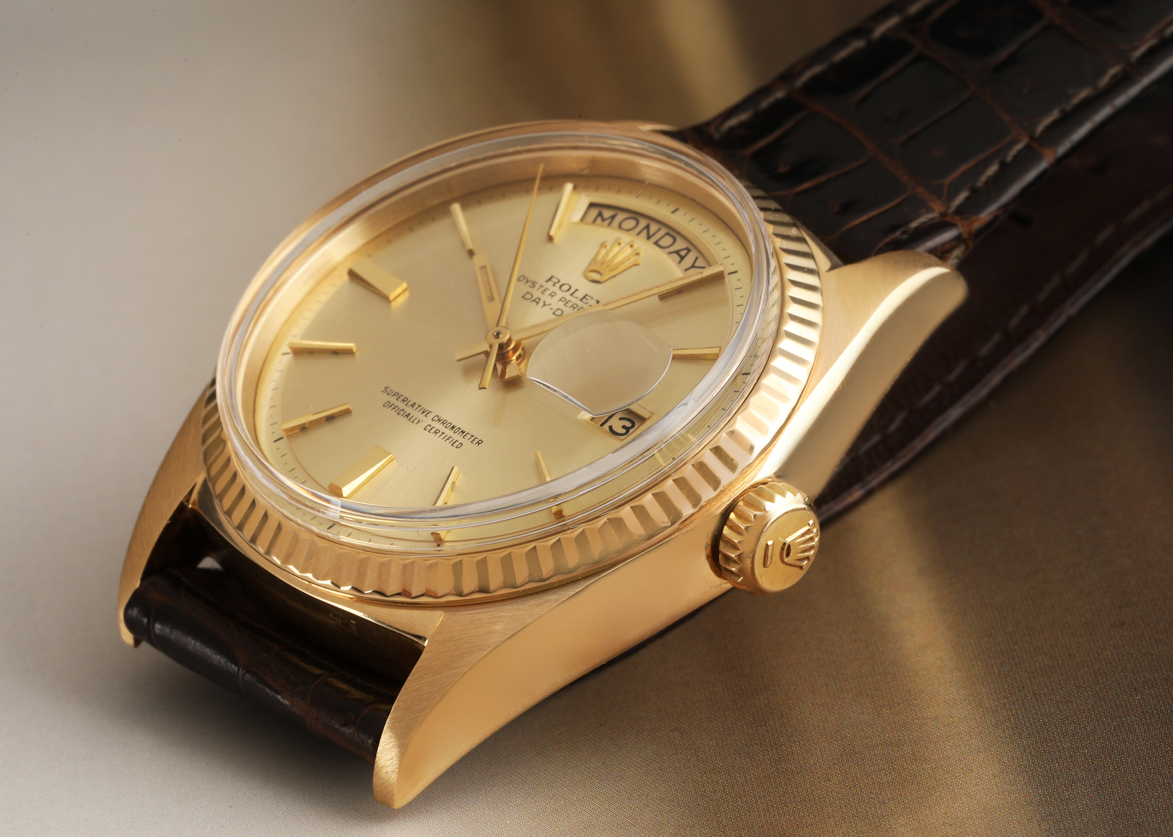 Rolex President Day-Date 36mm Yellow Gold Leather Strap Vintage Mens Watch 1803